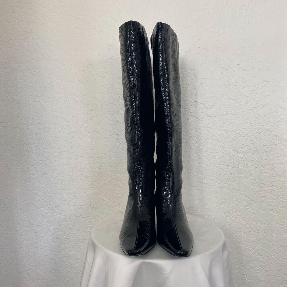 NEW Fashion Nova Black Croc Faux Leather Knee High Kitten Heel Boots US 7.5 - Picture 6 of 8